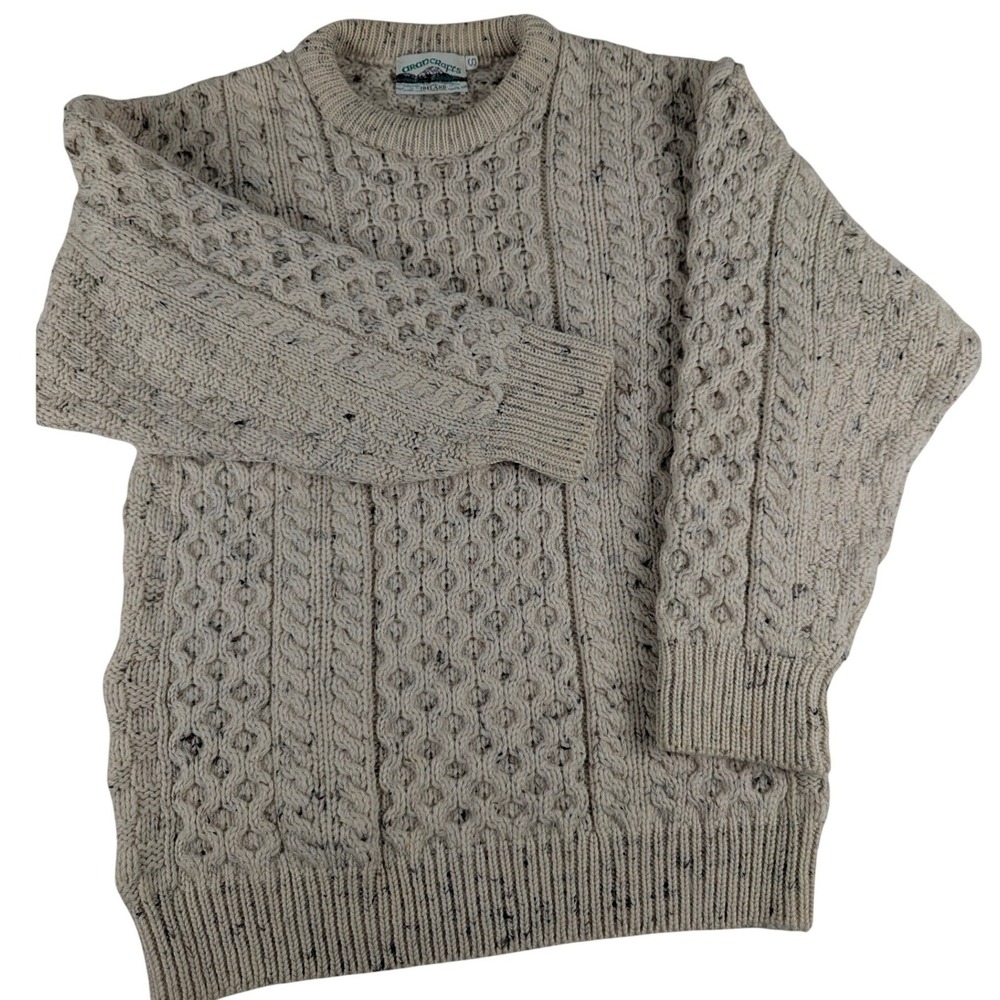 Aran Crafts Ireland Oatmeal Donegal Tweed Cable Knit Wool Sweater Mens Small
